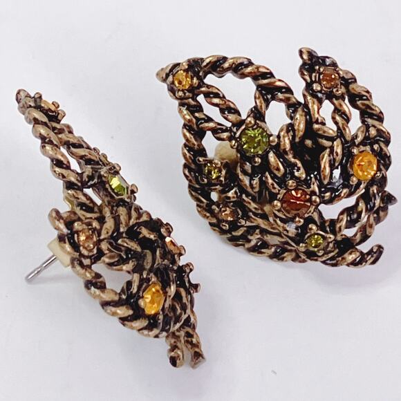 Vintage Signed Avon Gold Tone Leaf Rhinestone Earrings 1970s Autumn Fall Pin - Picture 3 of 9